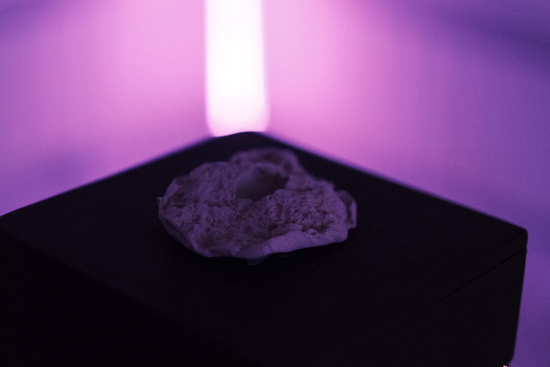 detail of the artwork. Clay that has a whole with a mirror inside