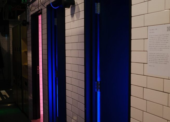 purple and blue lights inside showers